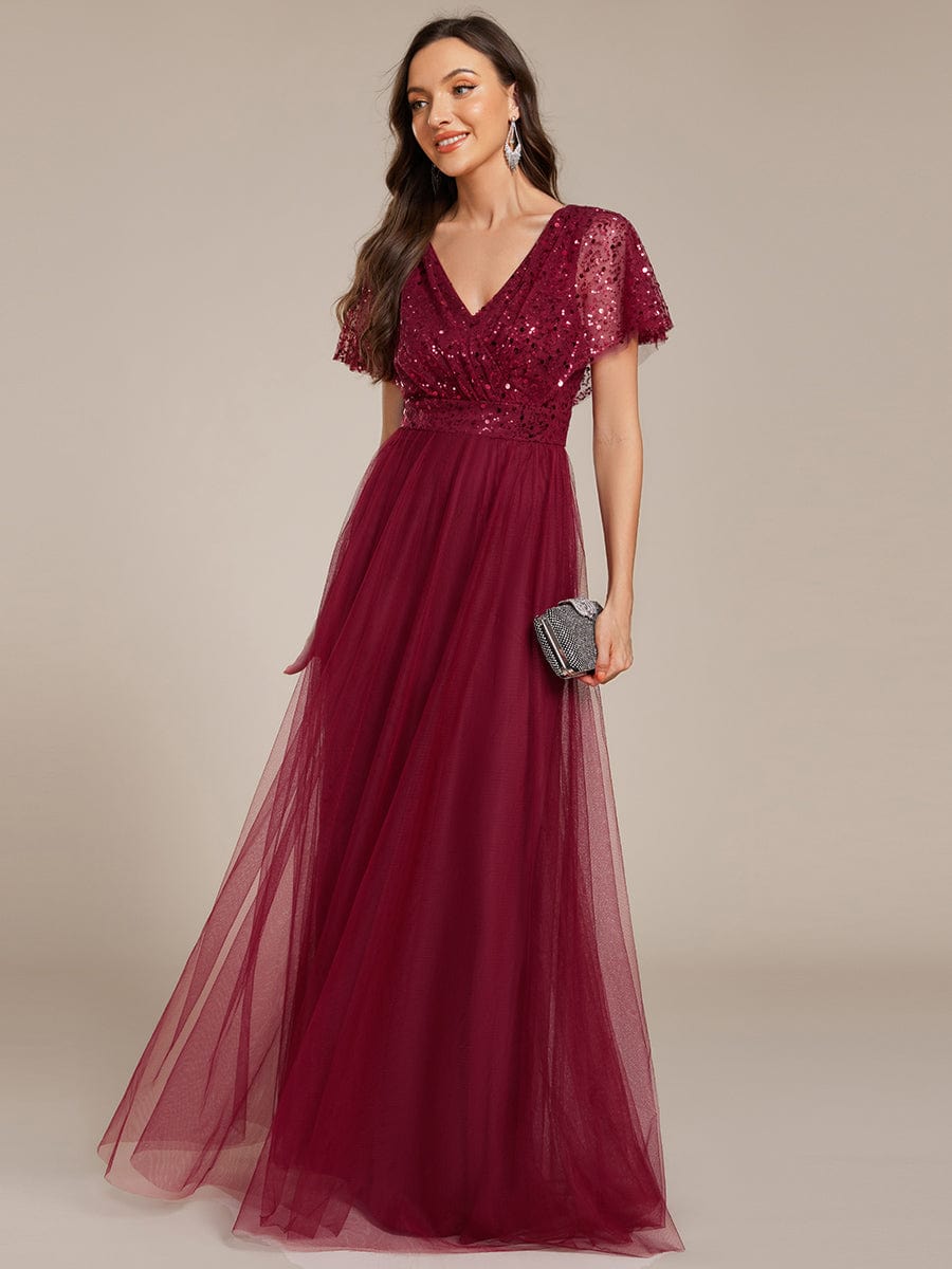 Robe de soirée formelle en tulle à sequins scintillants et col en V #Couleur_Bordeaux