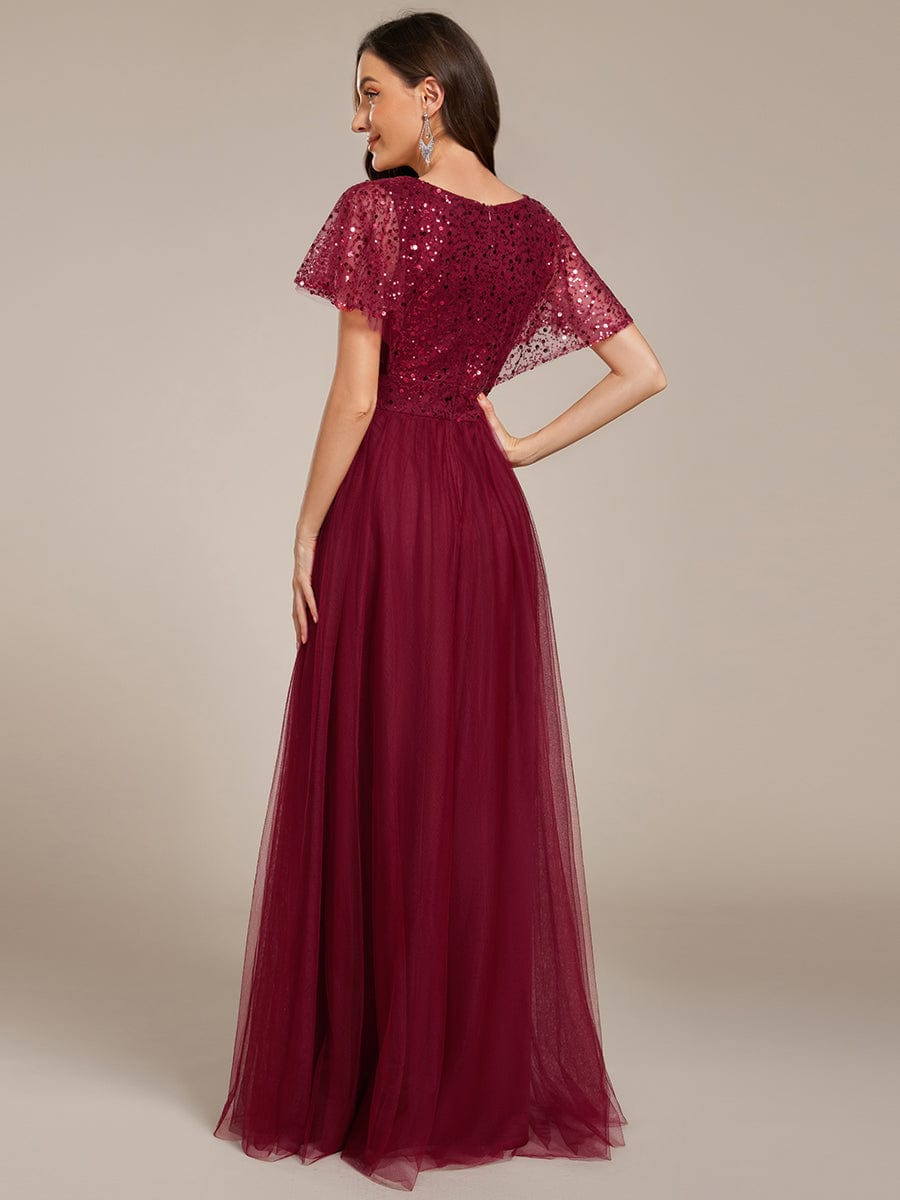 Robe de soirée formelle en tulle à sequins scintillants et col en V #Couleur_Bordeaux