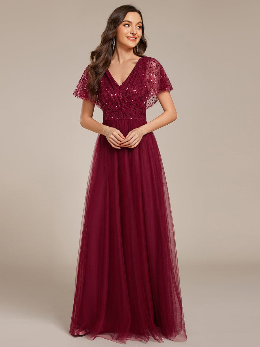 Robe de soirée formelle en tulle à sequins scintillants et col en V #Couleur_Bordeaux