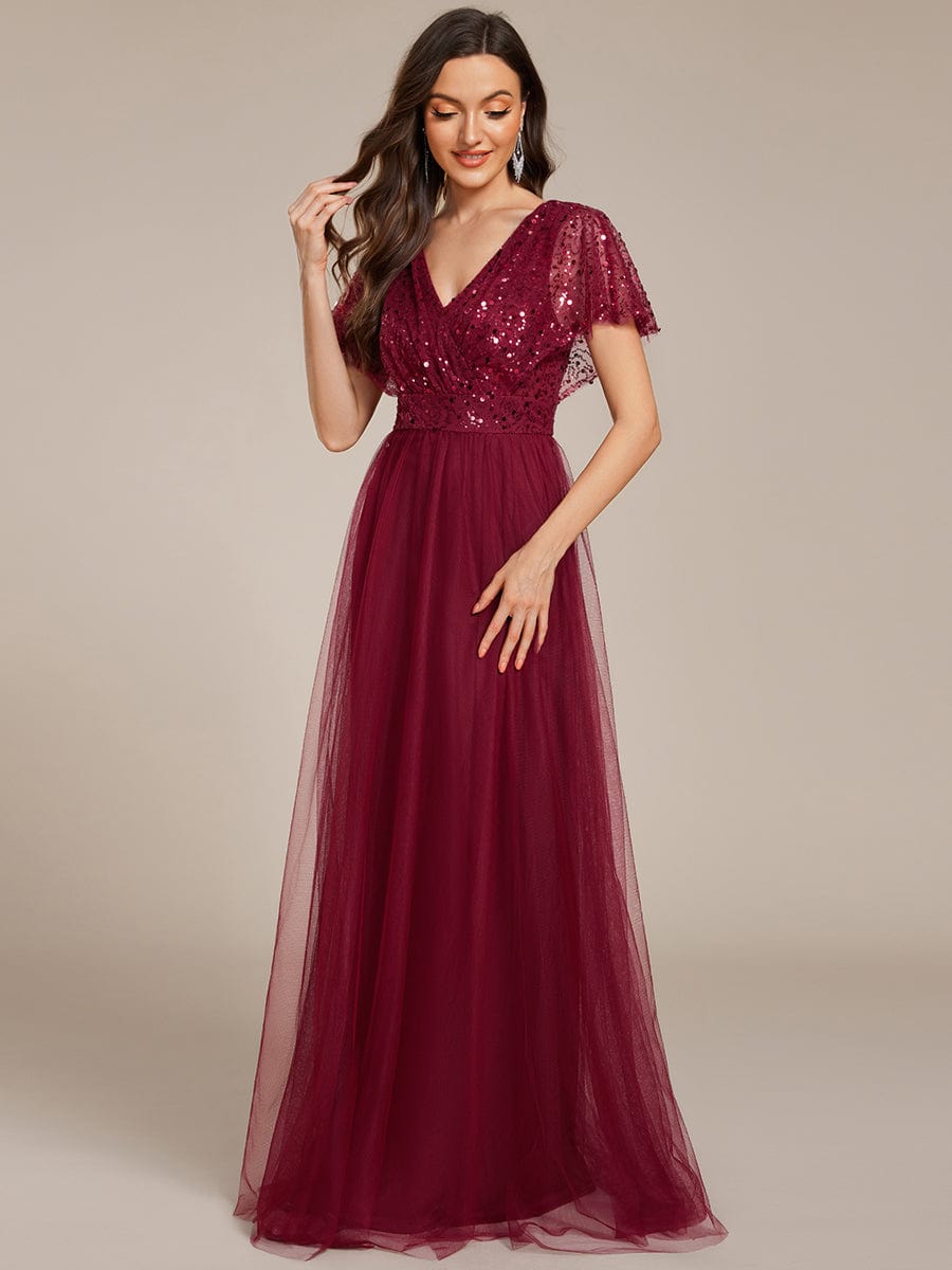 Robe de soirée formelle en tulle à sequins scintillants et col en V #Couleur_Bordeaux