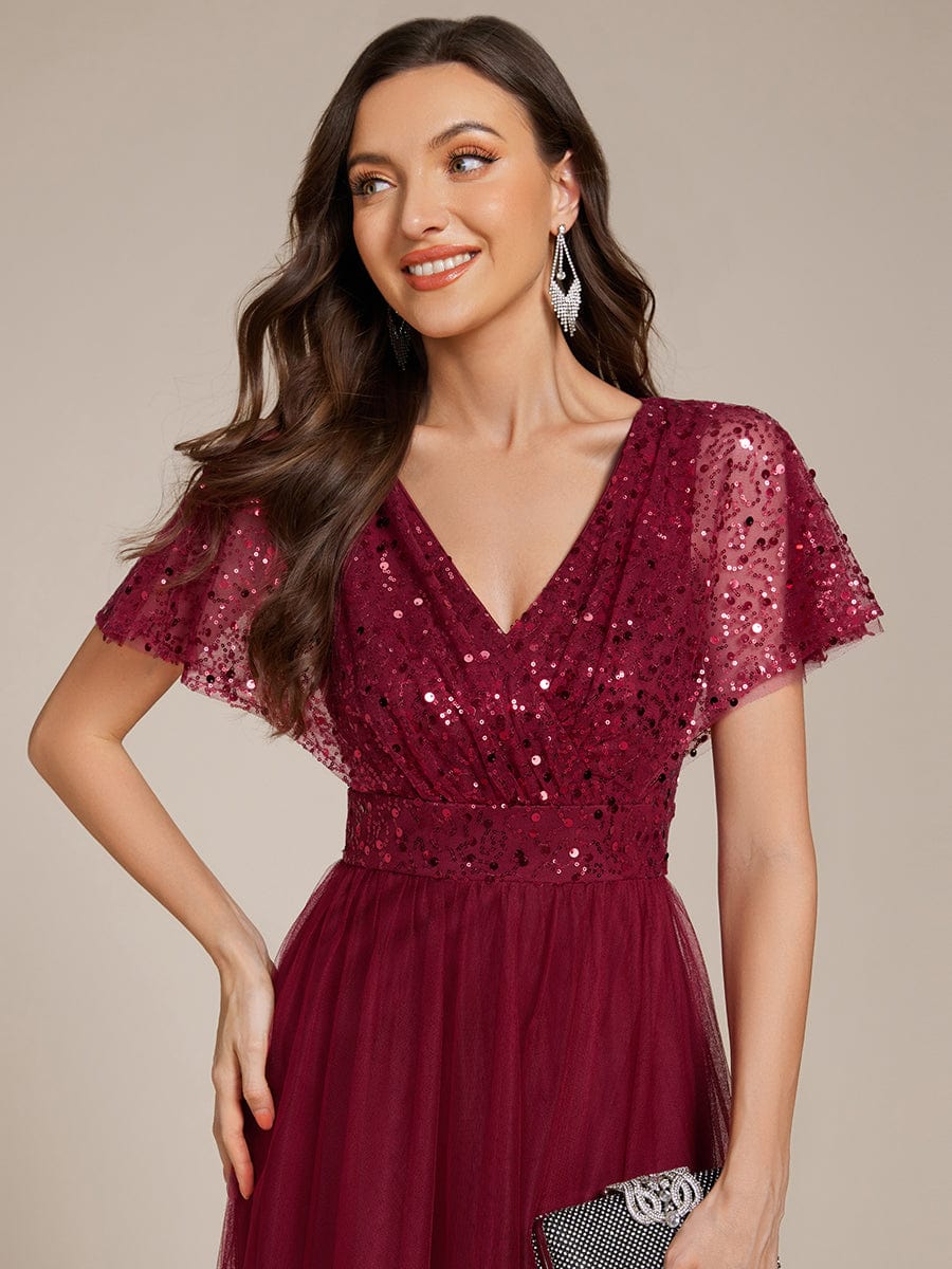 Robe de soirée formelle en tulle à sequins scintillants et col en V #Couleur_Bordeaux