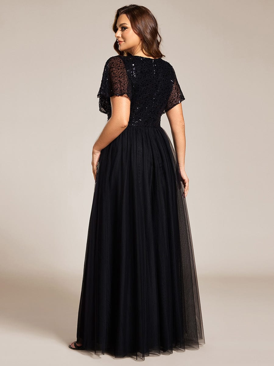 Robe de soirée formelle à paillettes manches courtes col en V grande taille #Couleur_Noir