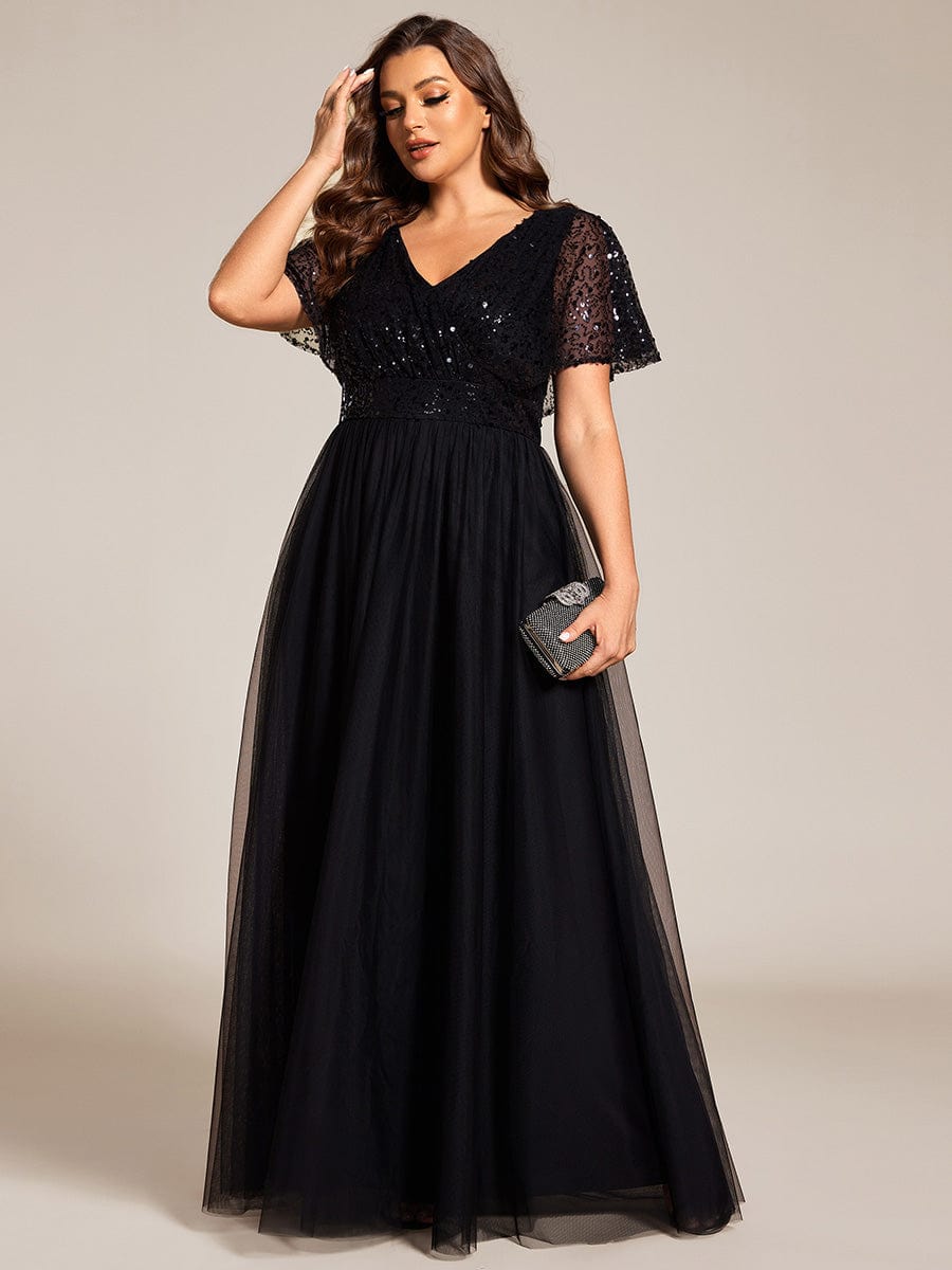 Robe de soirée formelle à paillettes manches courtes col en V grande taille #Couleur_Noir