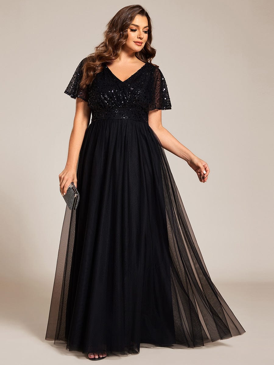 Robe de soirée formelle à paillettes manches courtes col en V grande taille #Couleur_Noir