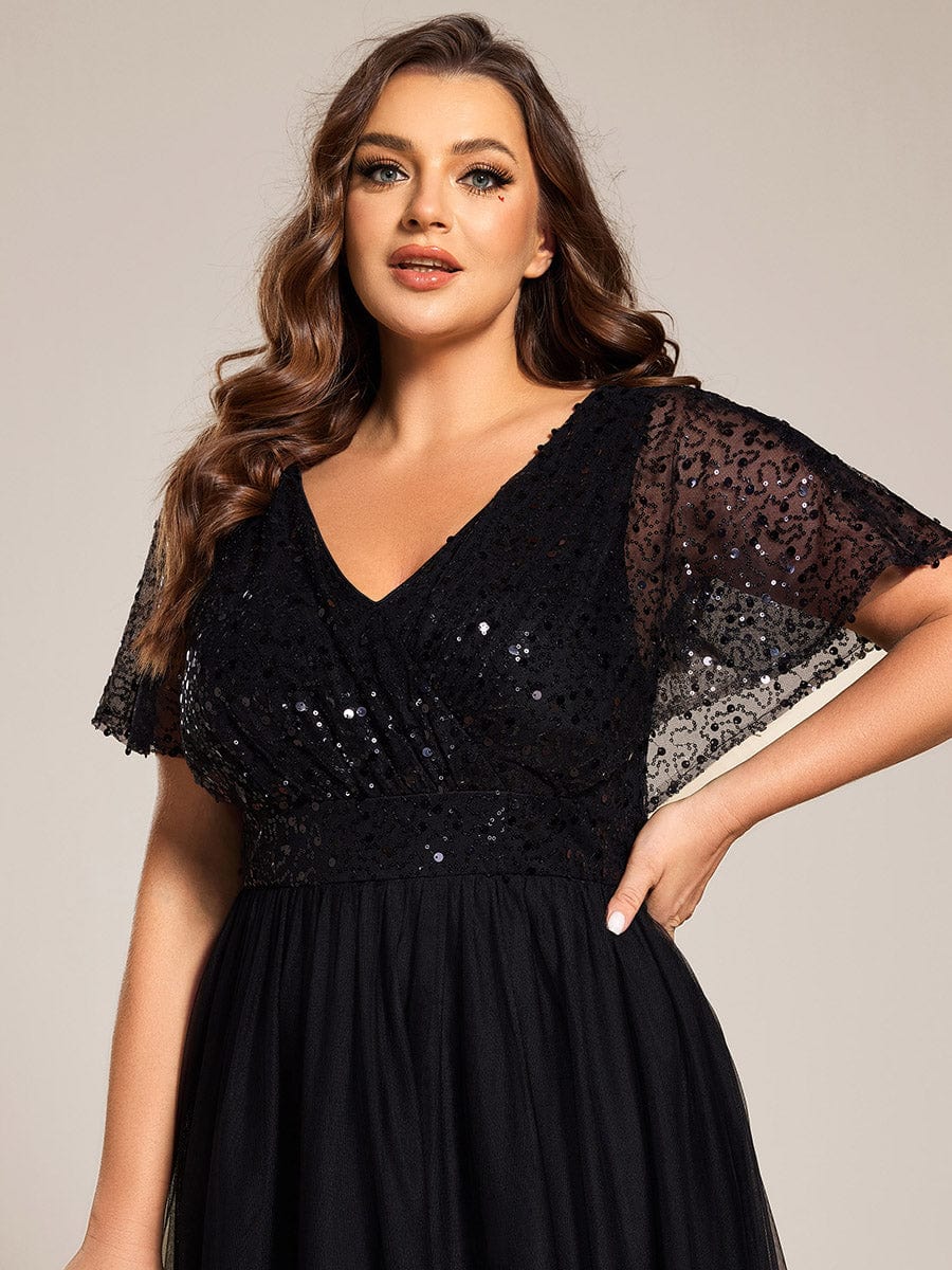 Robe de soirée formelle à paillettes manches courtes col en V grande taille #Couleur_Noir