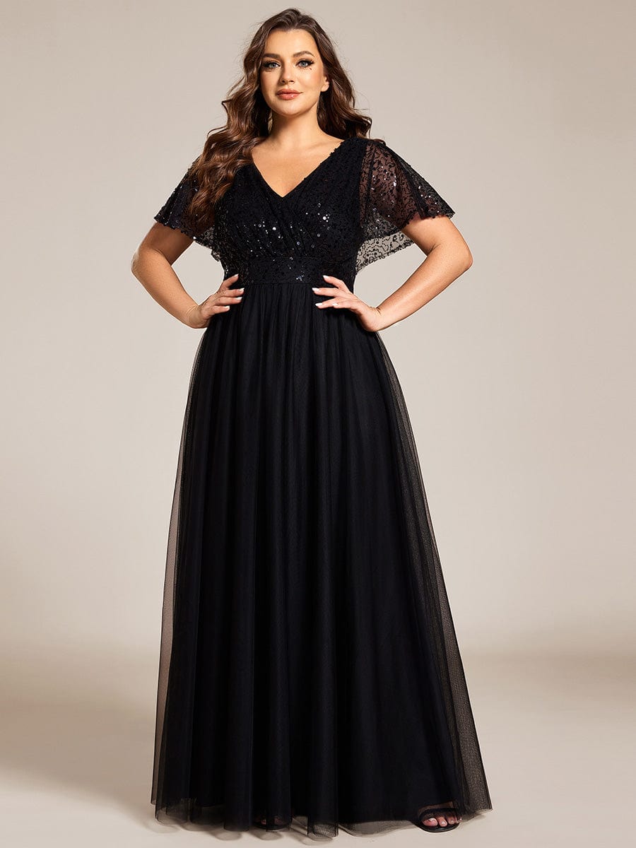 Robe de soirée formelle à paillettes manches courtes col en V grande taille #Couleur_Noir