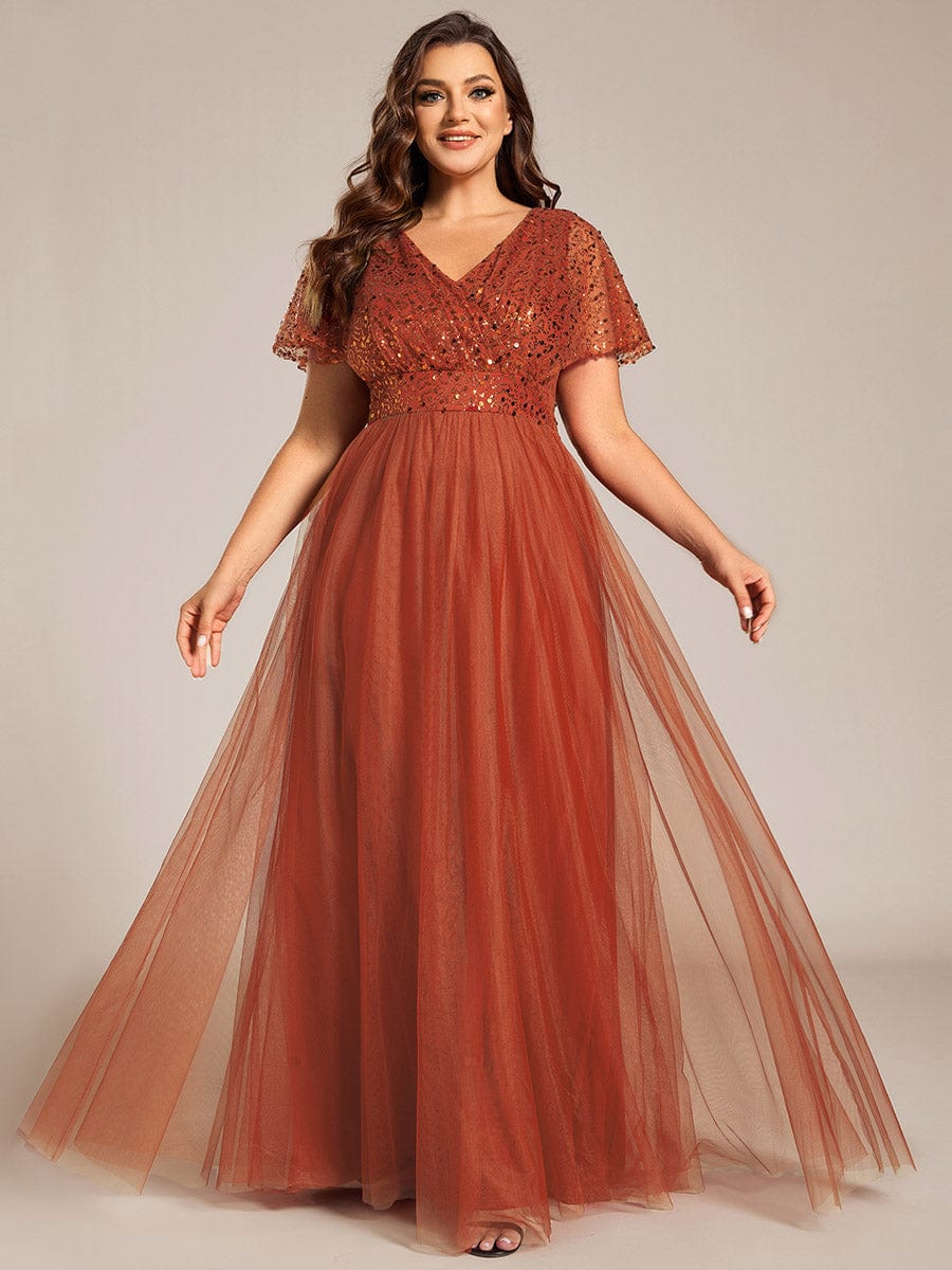 Robe de soirée formelle à paillettes manches courtes col en V grande taille #Couleur_Burnt Orange