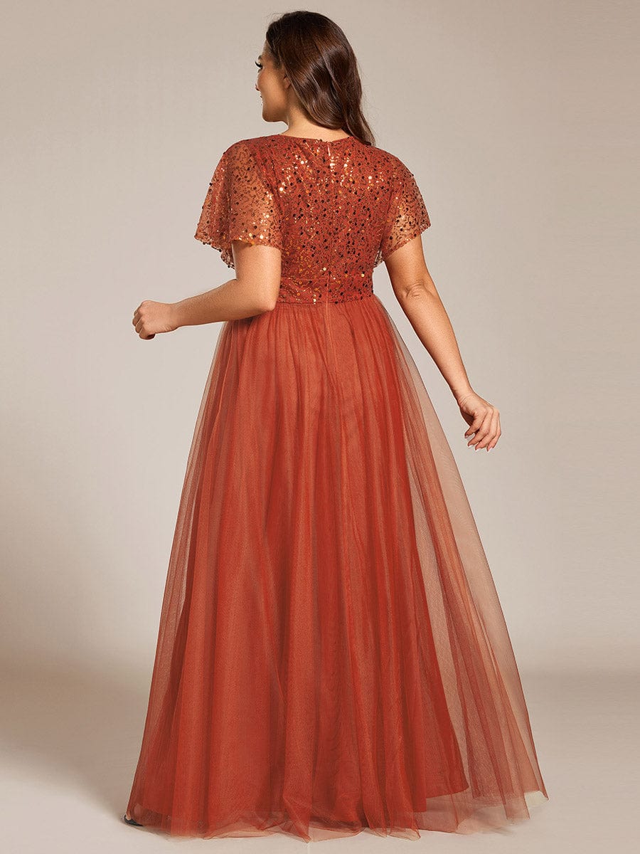 Robe de soirée formelle à paillettes manches courtes col en V grande taille #Couleur_Burnt Orange