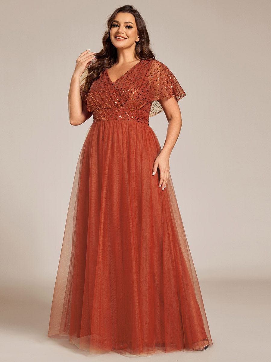 Robe de soirée formelle à paillettes manches courtes col en V grande taille #Couleur_Burnt Orange