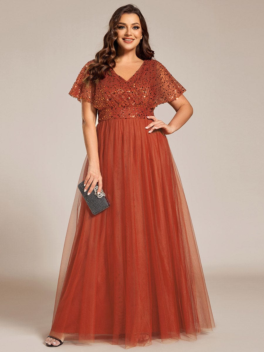 Robe de soirée formelle à paillettes manches courtes col en V grande taille #Couleur_Burnt Orange