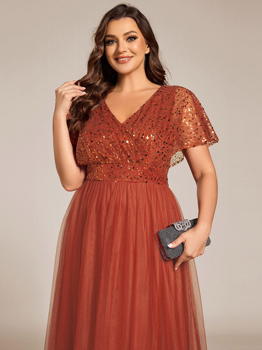 Robe de soirée formelle à paillettes manches courtes col en V grande taille #Couleur_Burnt Orange