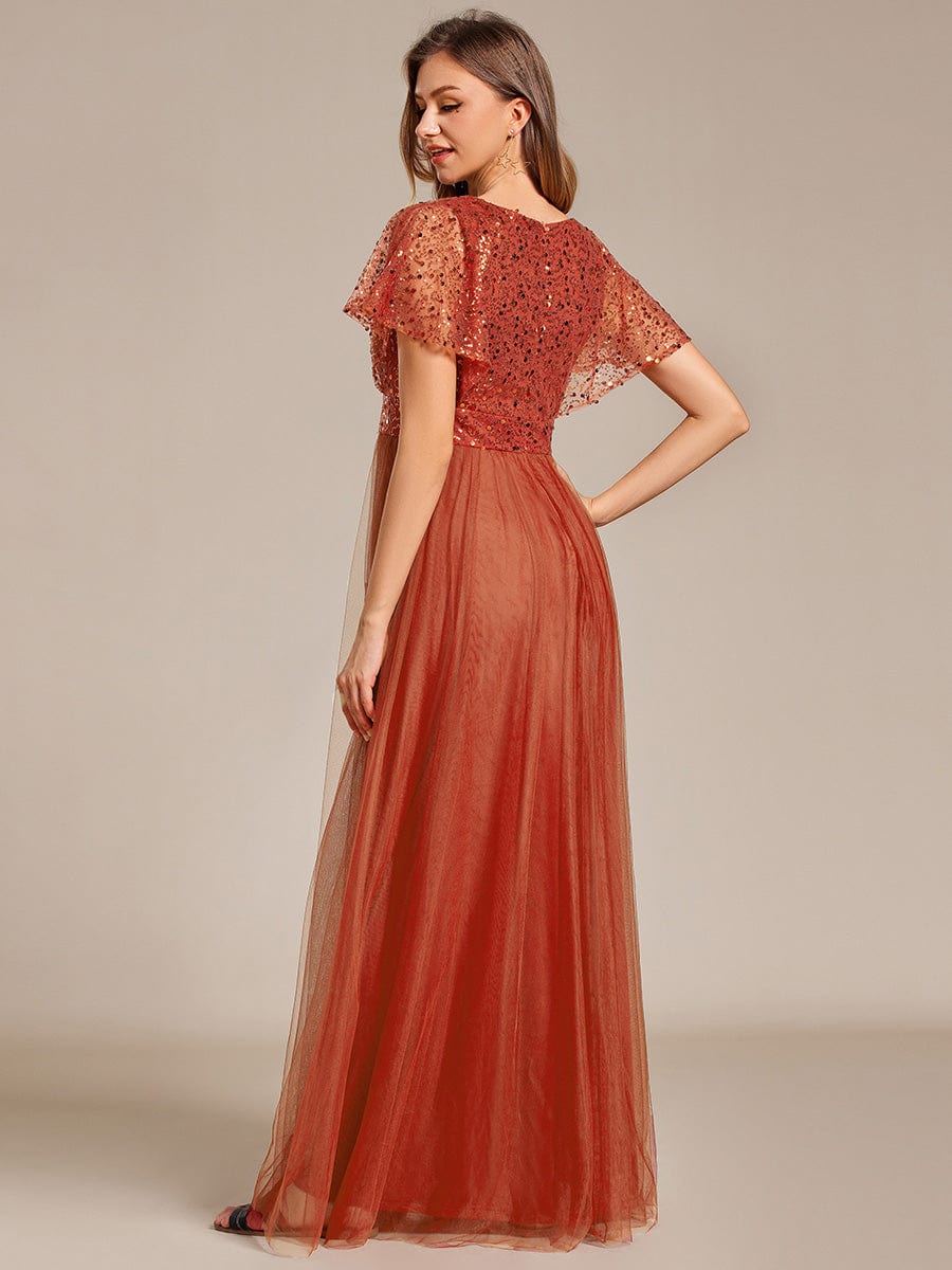 Robe de soirée formelle en tulle à sequins scintillants et col en V #Couleur_Burnt Orange