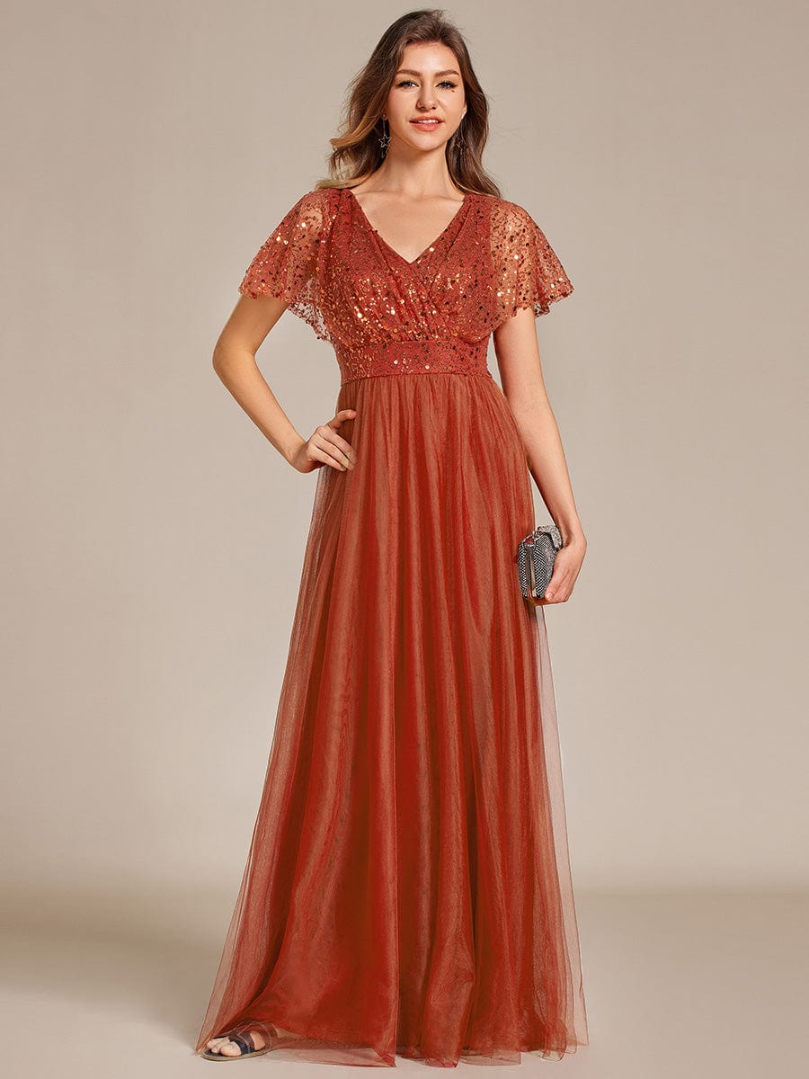 Robe de soirée formelle en tulle à sequins scintillants et col en V #Couleur_Burnt Orange