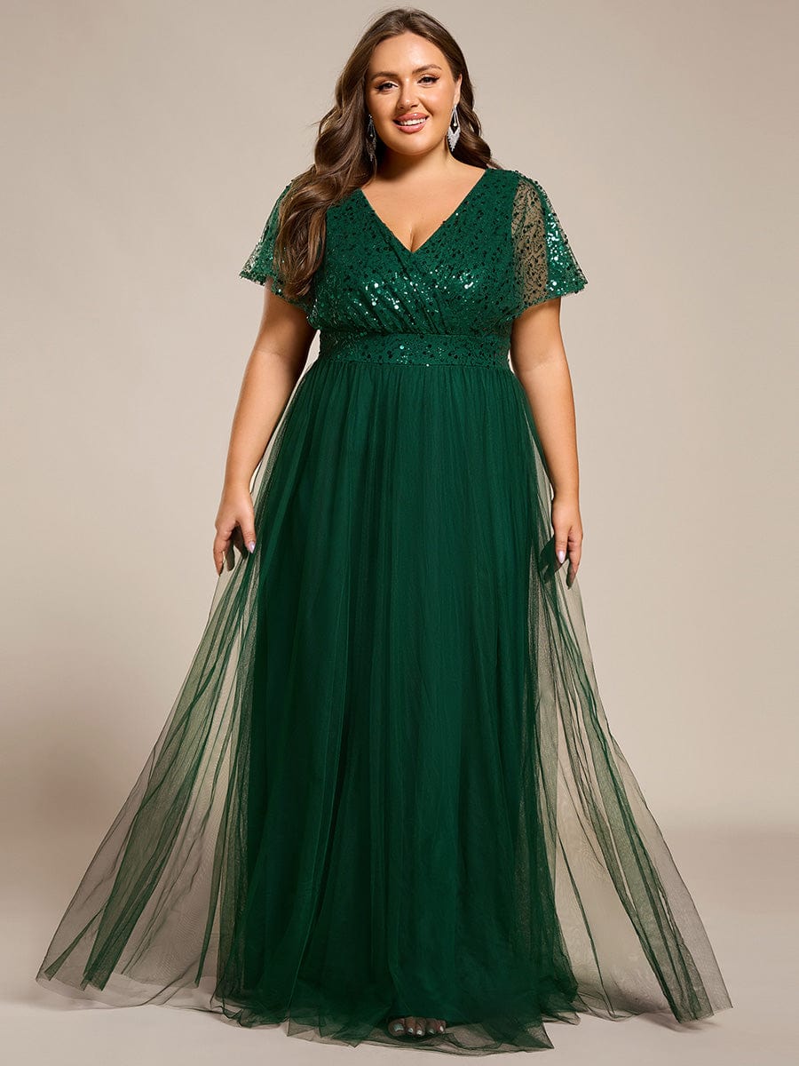 Robe de soirée formelle en tulle à sequins scintillants et col en V #Couleur_Vert Fonce