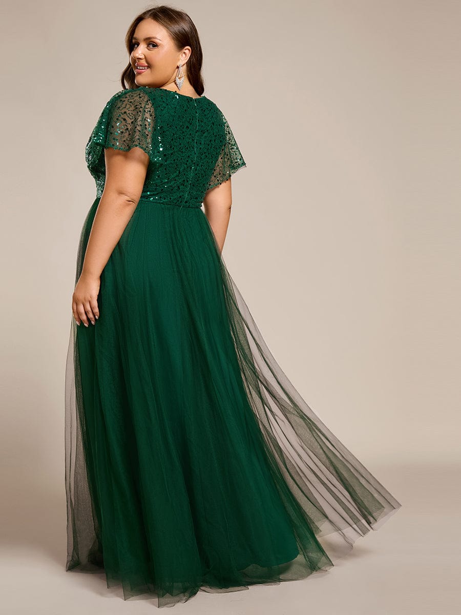 Robe de soirée formelle en tulle à sequins scintillants et col en V #Couleur_Vert Fonce