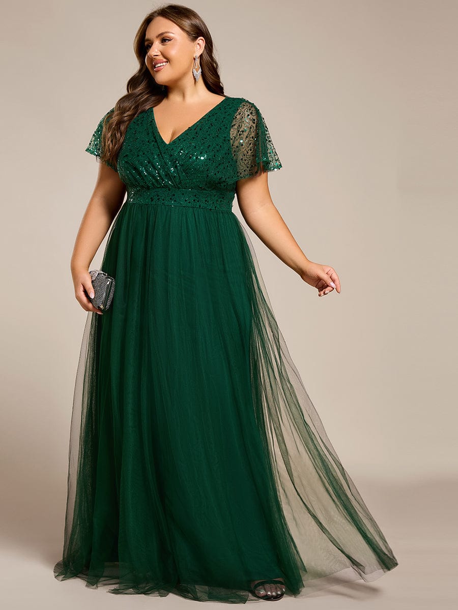 Robe de soirée formelle en tulle à sequins scintillants et col en V #Couleur_Vert Fonce