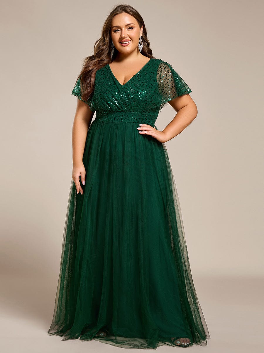 Robe de soirée formelle en tulle à sequins scintillants et col en V #Couleur_Vert Fonce