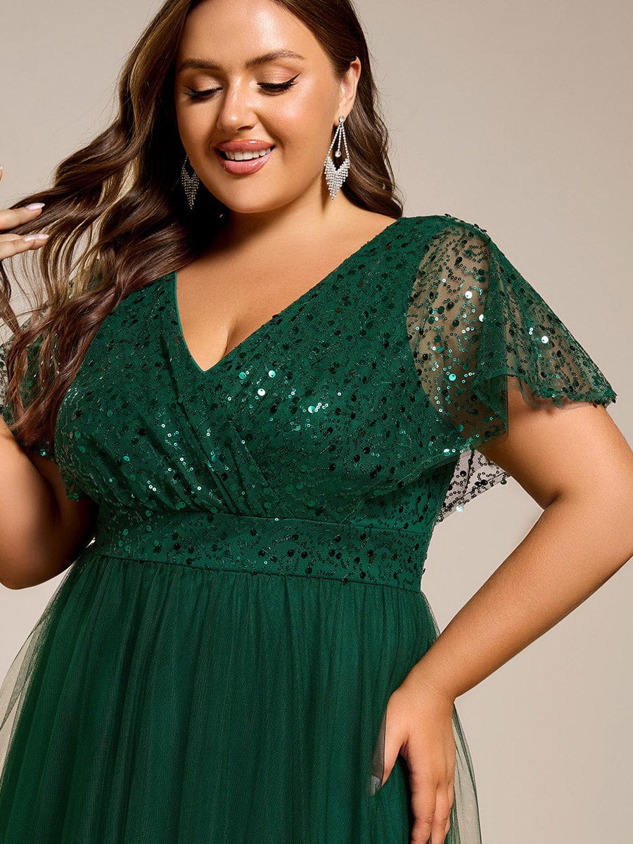 Robe de soirée formelle à paillettes manches courtes col en V grande taille #Couleur_Vert Fonce