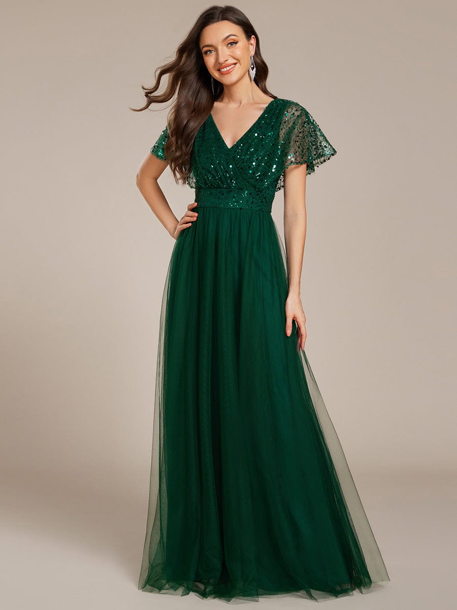 Robe de soirée formelle en tulle à sequins scintillants et col en V #Couleur_Vert Fonce