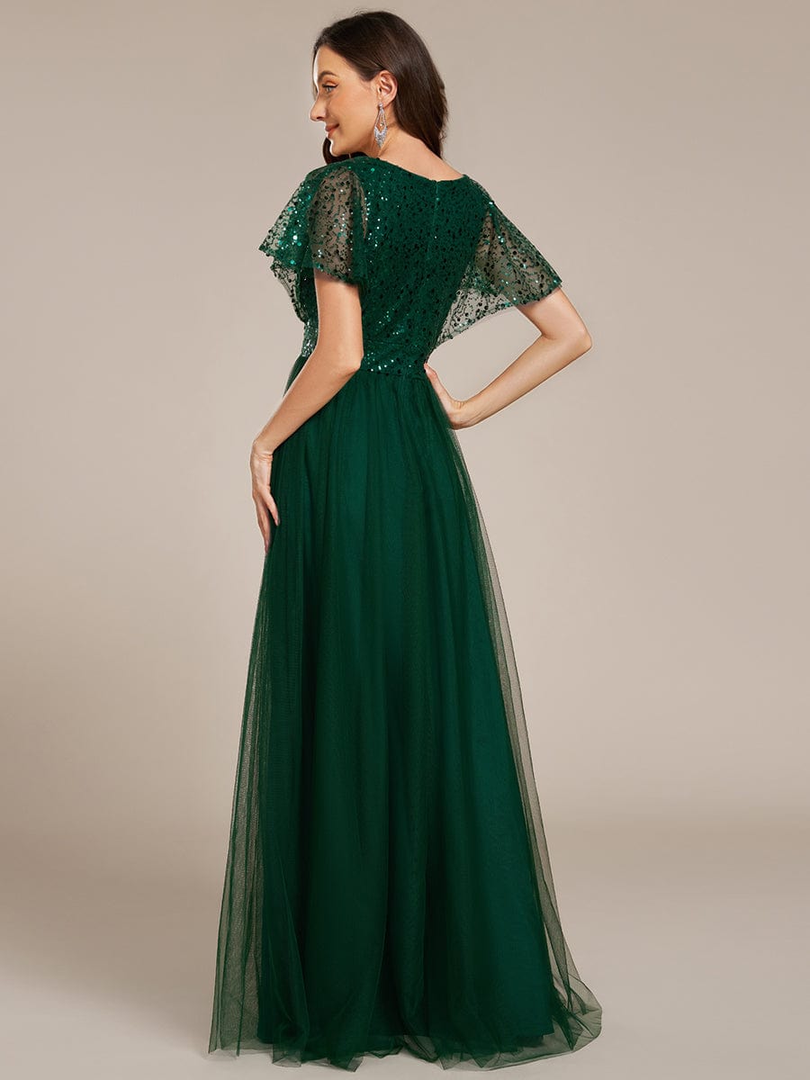 Robe de soirée formelle en tulle à sequins scintillants et col en V #Couleur_Vert Fonce