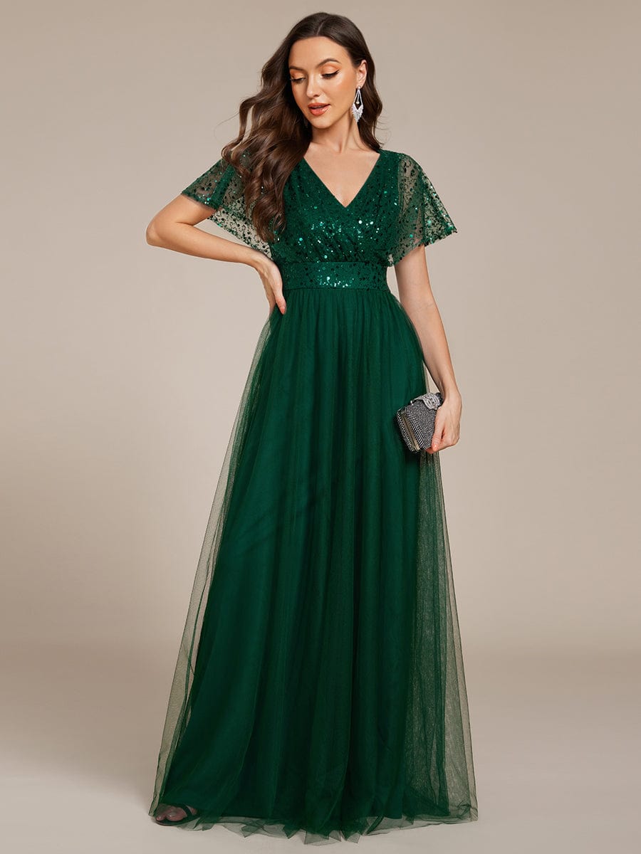 Robe de soirée formelle en tulle à sequins scintillants et col en V #Couleur_Vert Fonce