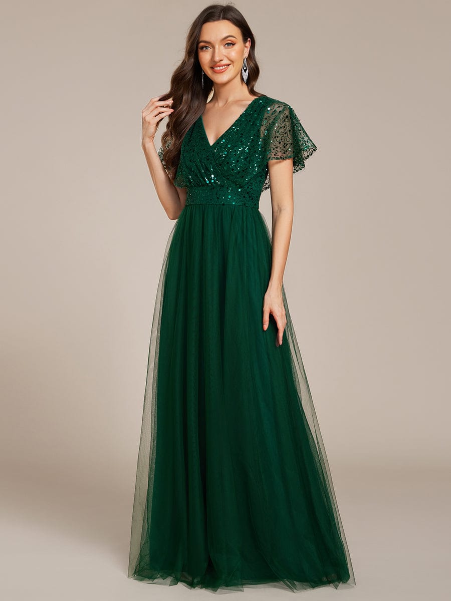 Robe de soirée formelle en tulle à sequins scintillants et col en V #Couleur_Vert Fonce