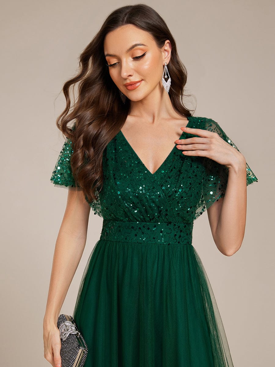 Robe de soirée formelle en tulle à sequins scintillants et col en V #Couleur_Vert Fonce