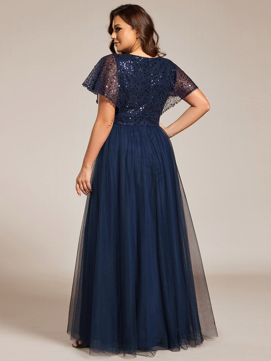 Robe de soirée formelle à paillettes manches courtes col en V grande taille #Couleur_Bleu Marine