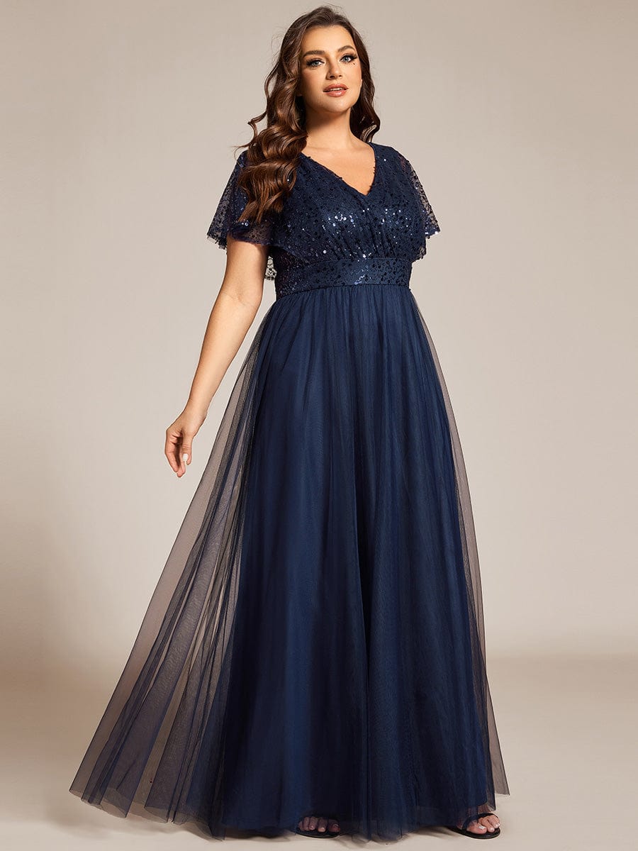 Robe de soirée formelle à paillettes manches courtes col en V grande taille #Couleur_Bleu Marine