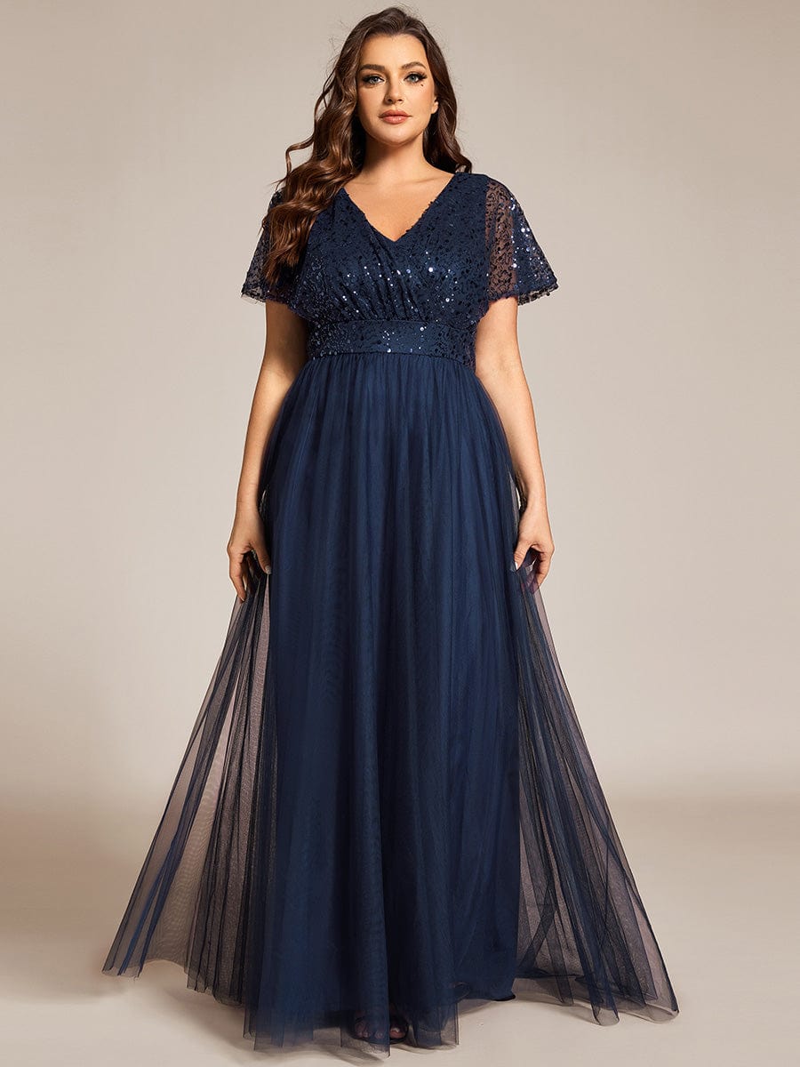 Robe de soirée formelle à paillettes manches courtes col en V grande taille #Couleur_Bleu Marine