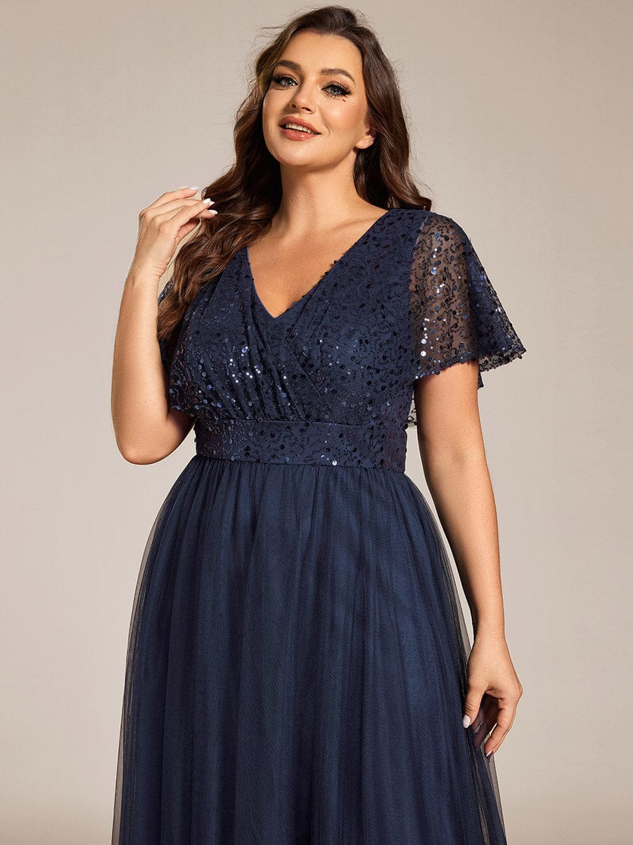 Robe de soirée formelle à paillettes manches courtes col en V grande taille #Couleur_Bleu Marine