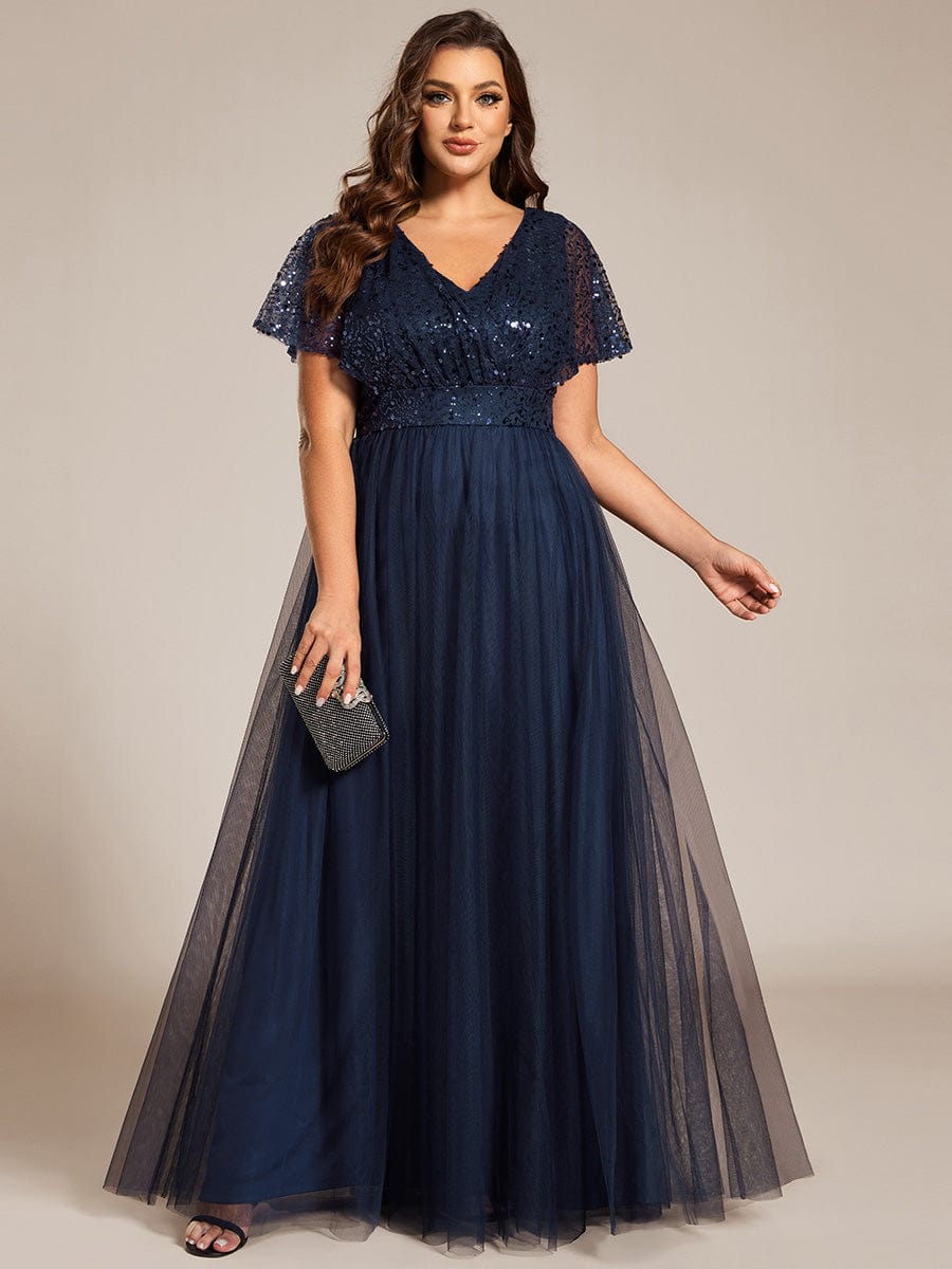 Robe de soirée formelle à paillettes manches courtes col en V grande taille #Couleur_Bleu Marine