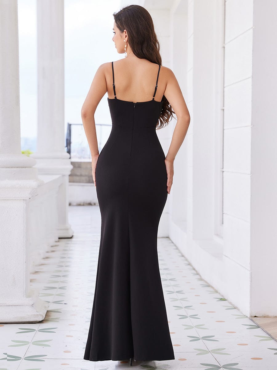 Robe de soirée élégante moulante à bretelles spaghetti et perles #Couleur_Noir