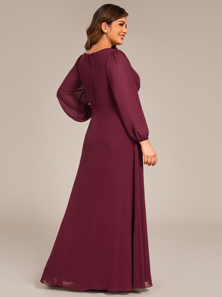 Robe de soirée élégante en mousseline de soie à manches longues et plissée #Couleur_Bordeaux