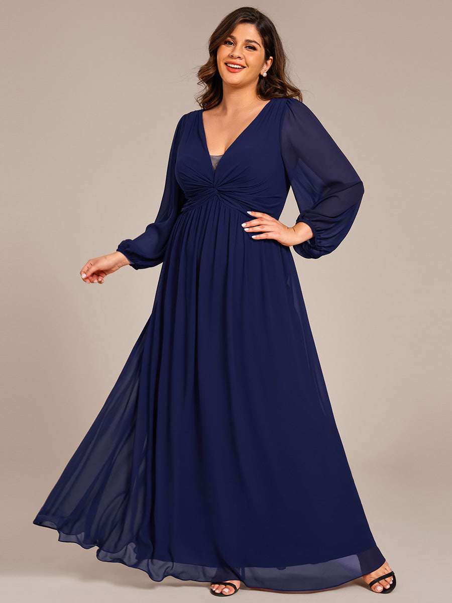 Robe de soirée élégante en mousseline de soie à manches longues et plissée #Couleur_Bleu Marine