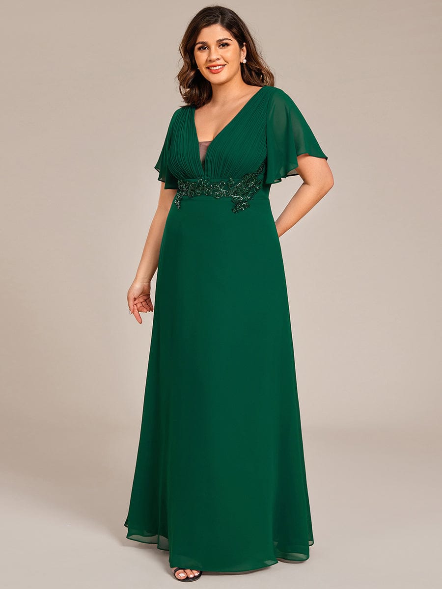 Robe de soir¨¦e longue ¨¤ col en V et appliques ¨¤ la taille grande taille #Couleur_Vert Fonce