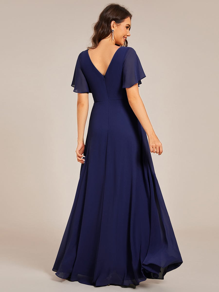 Robe de soirée longue plissée élégante à col en V profond #Couleur_Bleu Marine