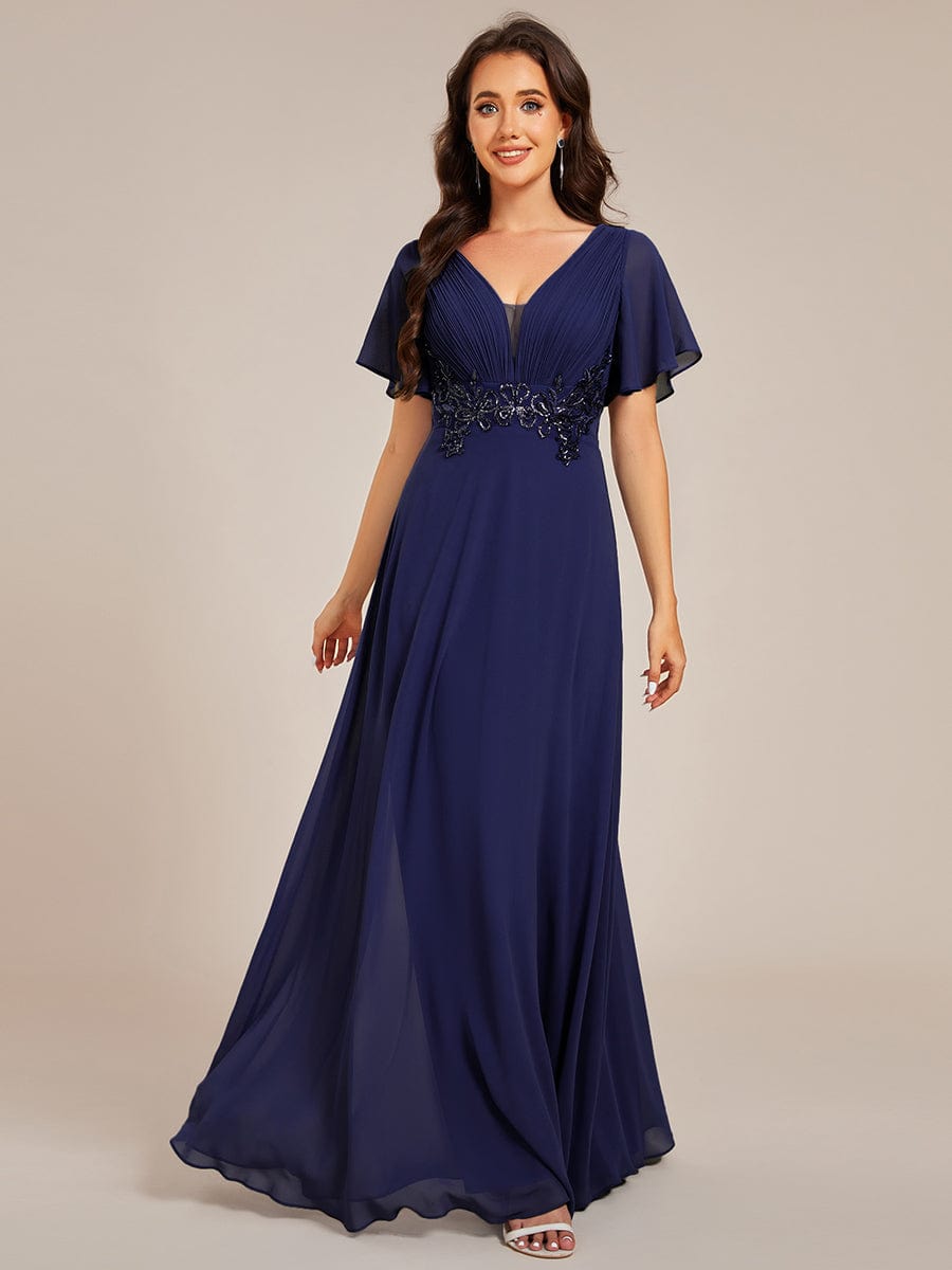 Robe de soirée longue plissée élégante à col en V profond #Couleur_Bleu Marine