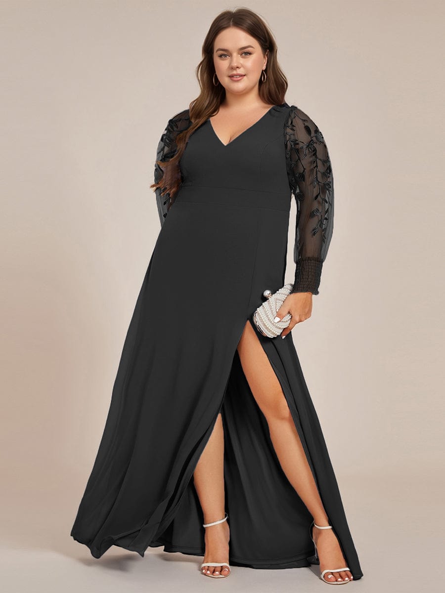 Robe de soirée en mousseline de soie brodée à manches longues grande taille #Couleur_Noir