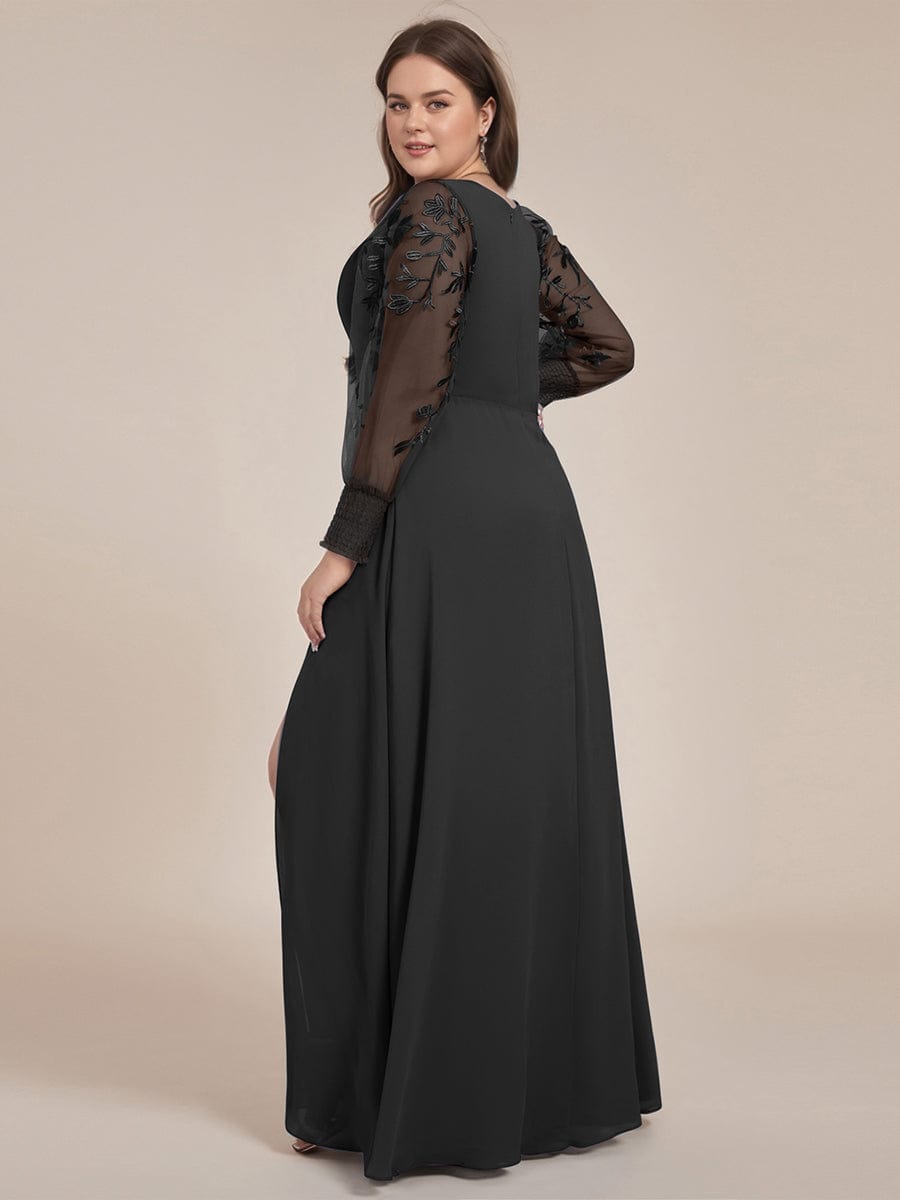 Robe de soirée en mousseline de soie brodée à manches longues grande taille #Couleur_Noir