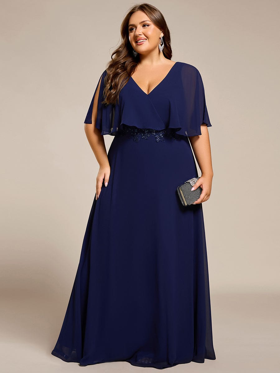 Robe longue de soirée en mousseline de soie grande taille #Couleur_Bleu Marine