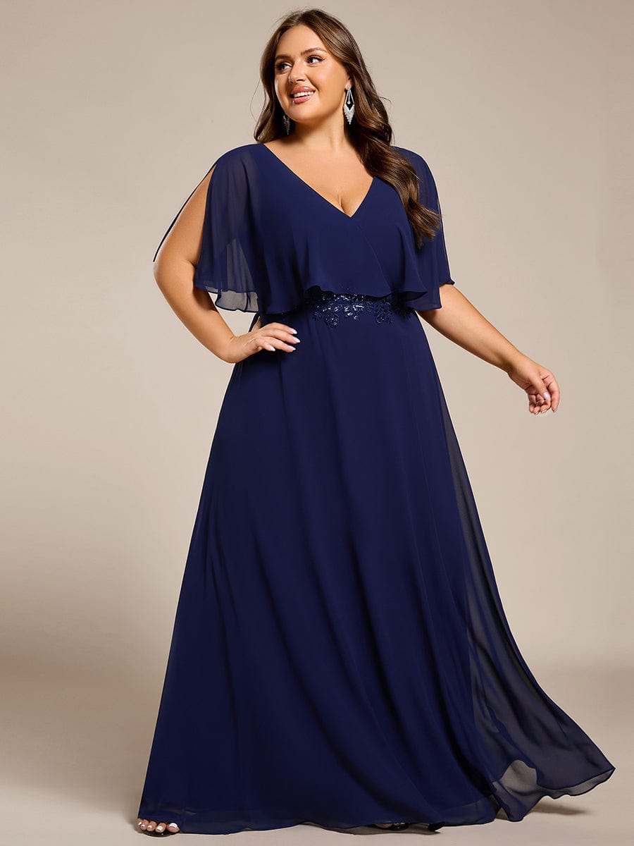 Robe longue de soirée en mousseline de soie grande taille #Couleur_Bleu Marine