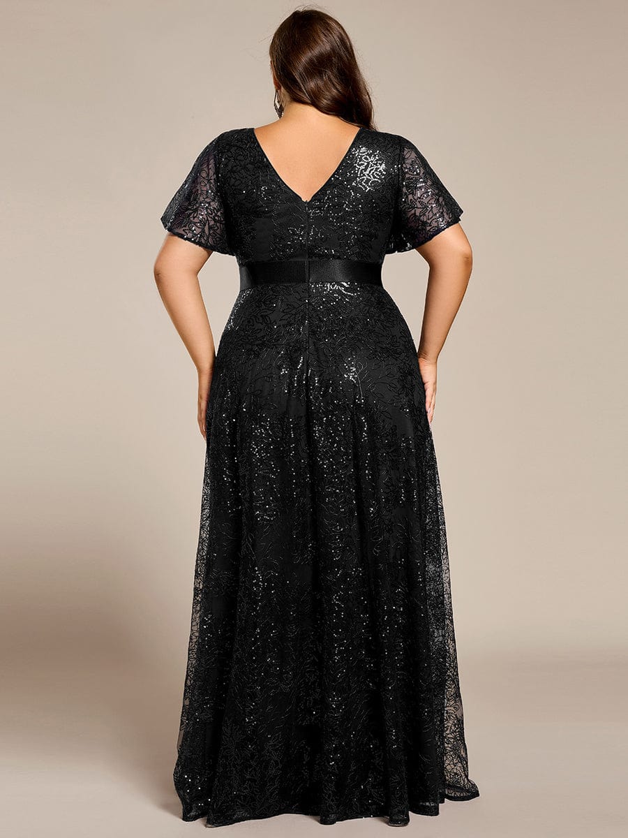 Robe longue de soirée à sequins et manches courtes à col en V Illusion #Couleur_Noir