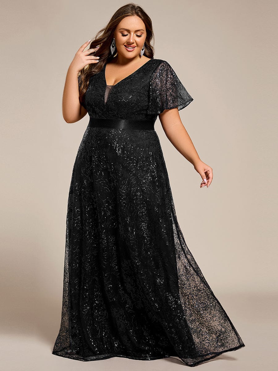 Robe de soirée longue à paillettes et manches courtes grande taille #Couleur_Noir