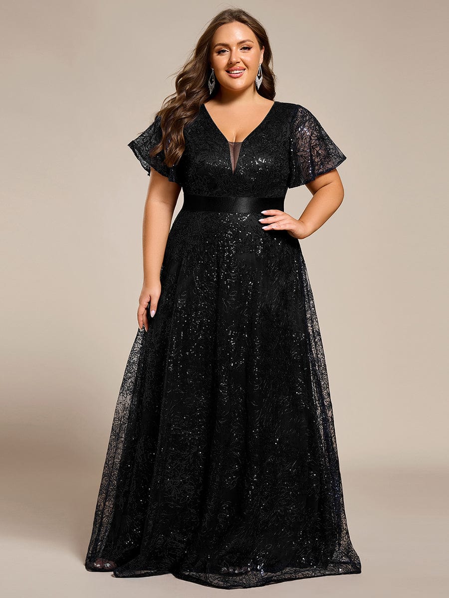 Robe de soirée longue à paillettes et manches courtes grande taille #Couleur_Noir