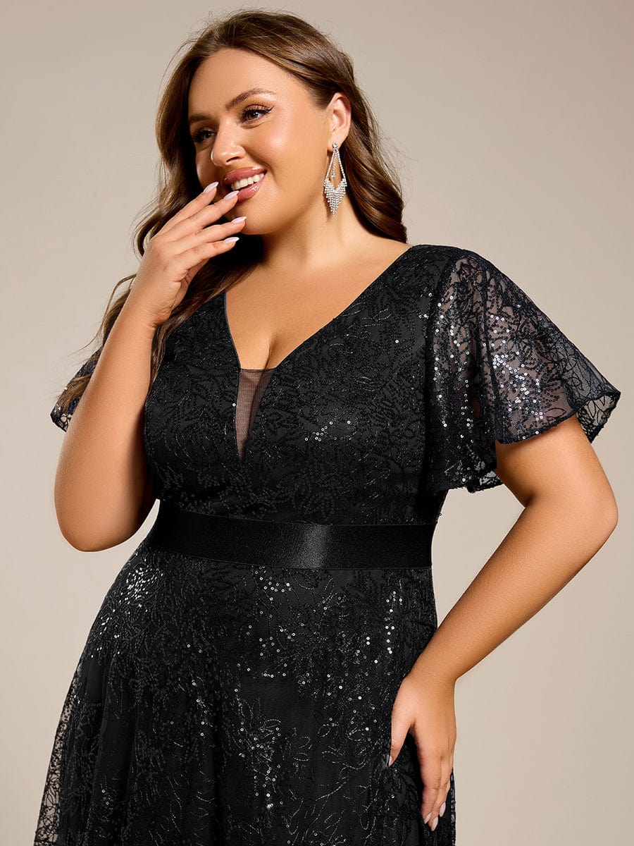 Robe longue de soirée à sequins et manches courtes à col en V Illusion #Couleur_Noir