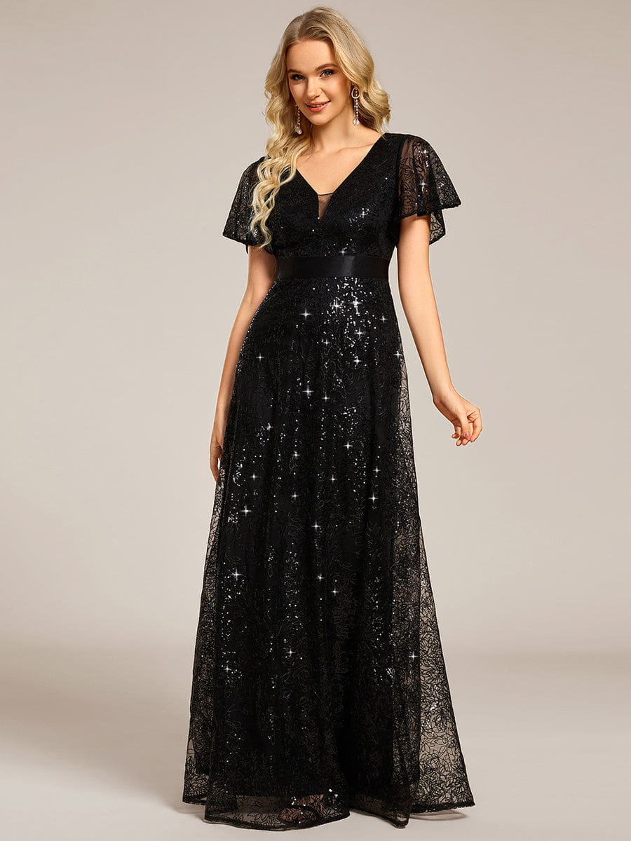 Robe longue de soirée à sequins et manches courtes à col en V Illusion #Couleur_Noir