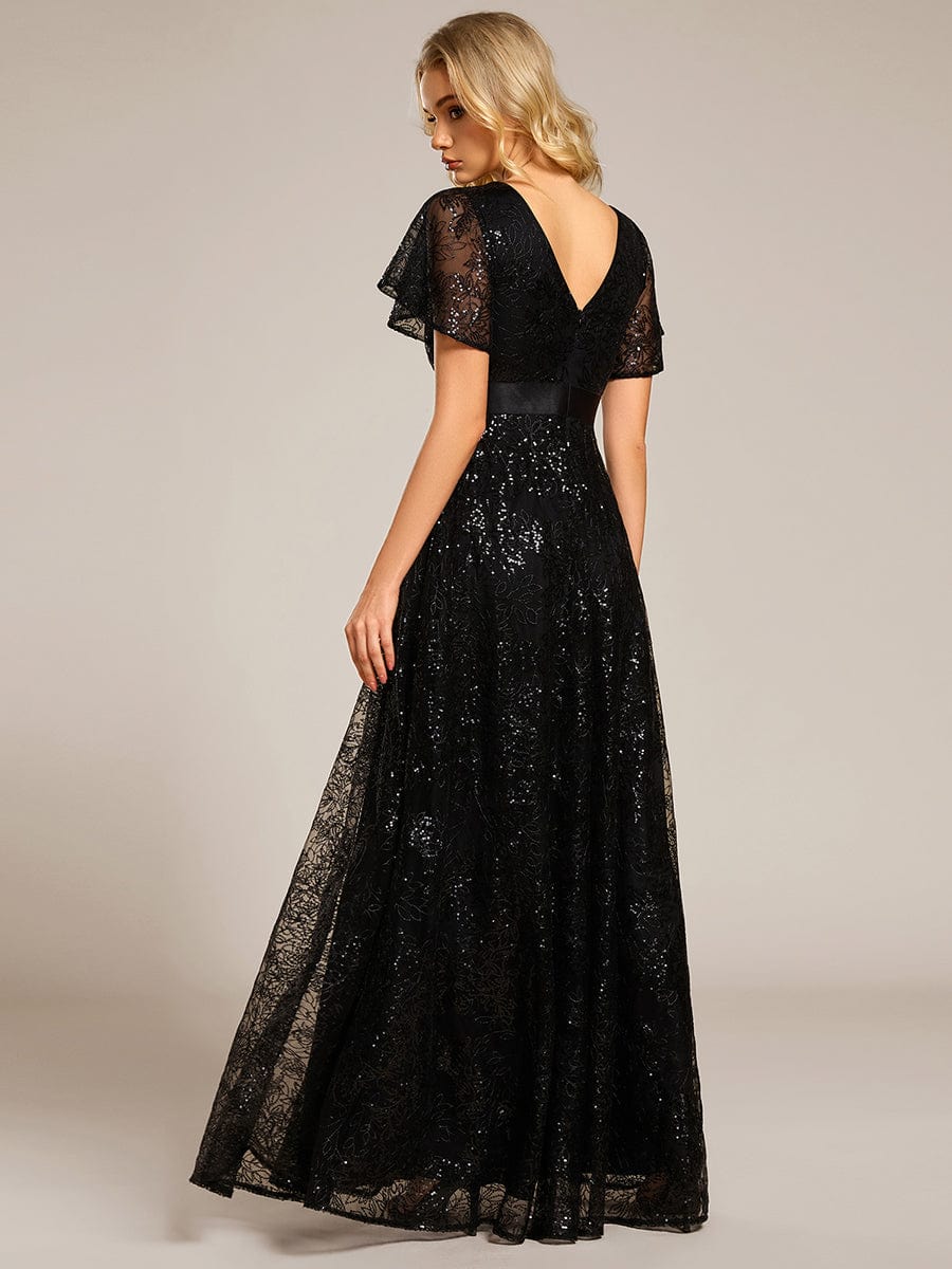 Robe longue de soirée à sequins et manches courtes à col en V Illusion #Couleur_Noir