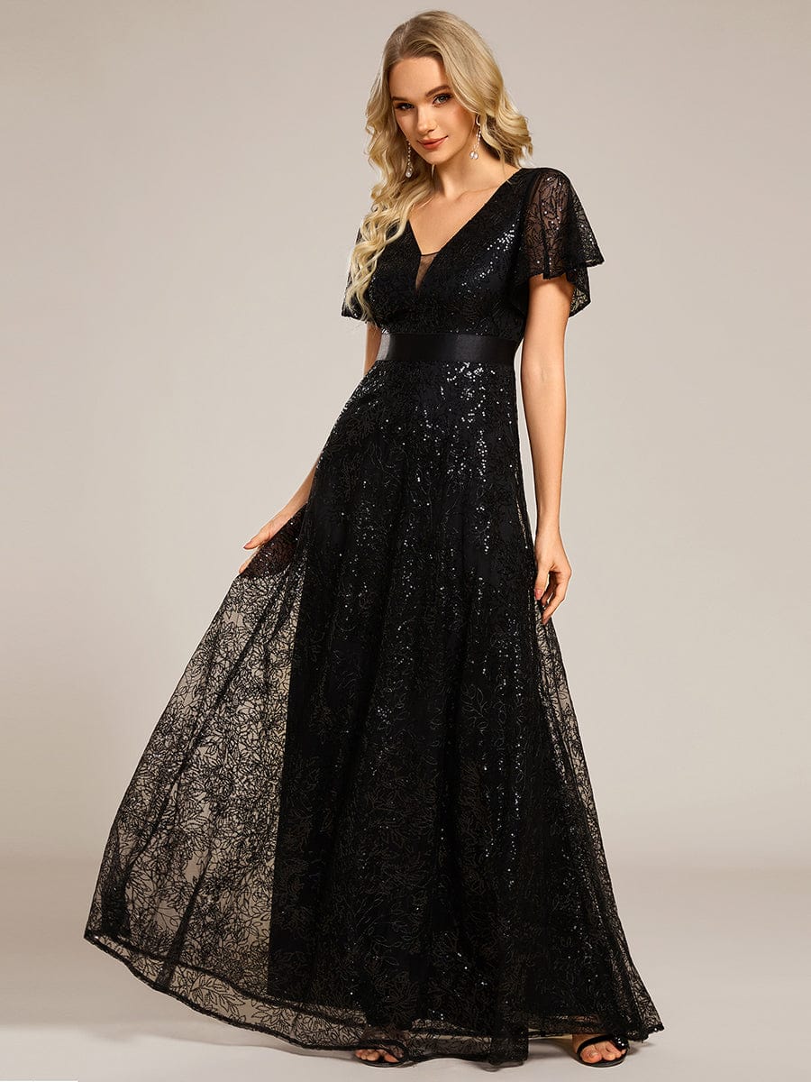 Robe longue de soirée à sequins et manches courtes à col en V Illusion #Couleur_Noir