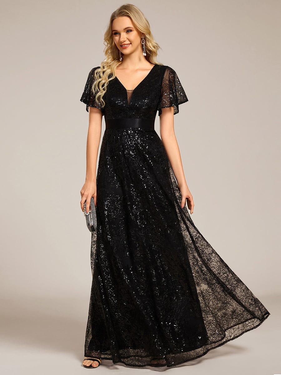 Robe longue de soirée à sequins et manches courtes à col en V Illusion #Couleur_Noir